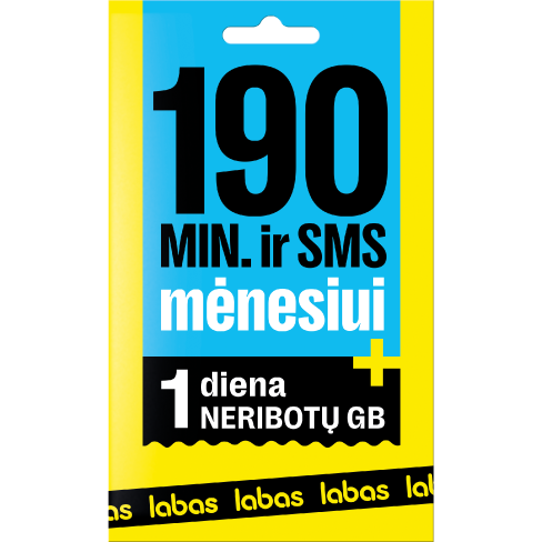 LABAS pakuotė 190 MIN + 190 SMS + NERIBOTI GB 1 dienai 1 img.