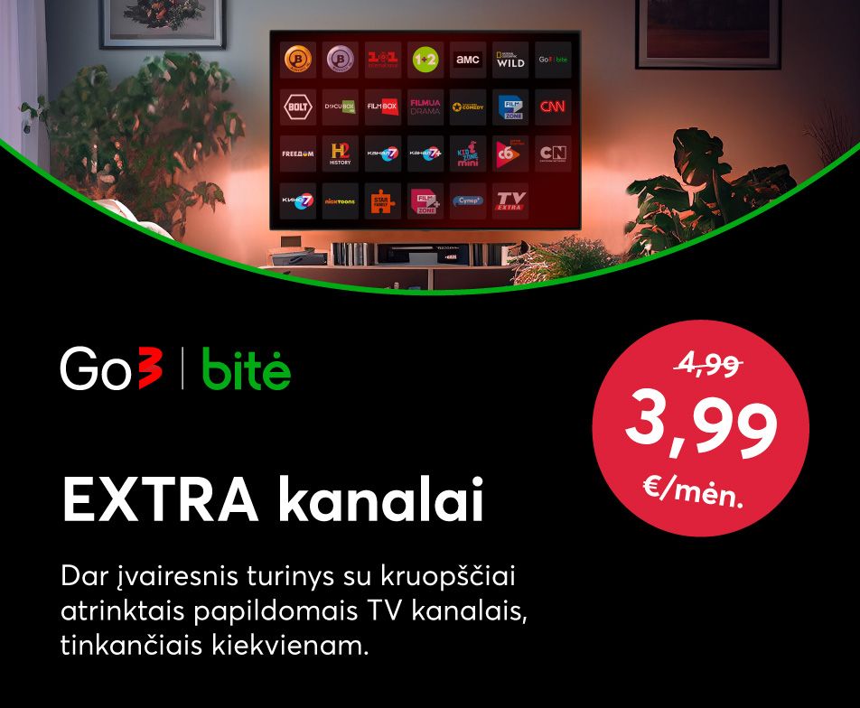 Pagerinkite savo Go3 žiūrėjimo patirtį su EXTRA televizijos kanalų paketu - vos už 3,99€ per mėnesį
