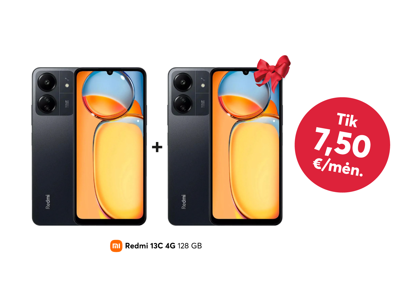 Antras Xiaomi Redmi 13C - dovanų! Mėnesio įmoka tik 7 su puse euro.