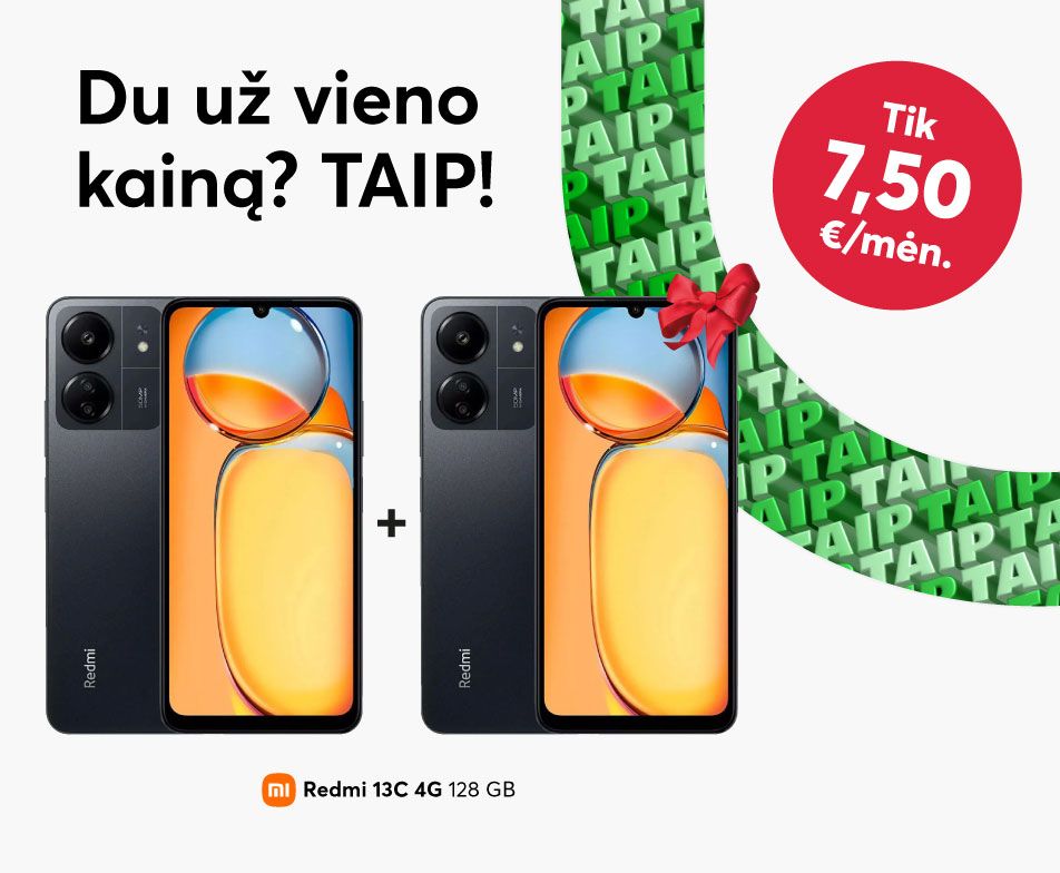 Du Xiaomi Redmi 13C už vieno kainą! TIk 7,5 eur. per mėnesį.