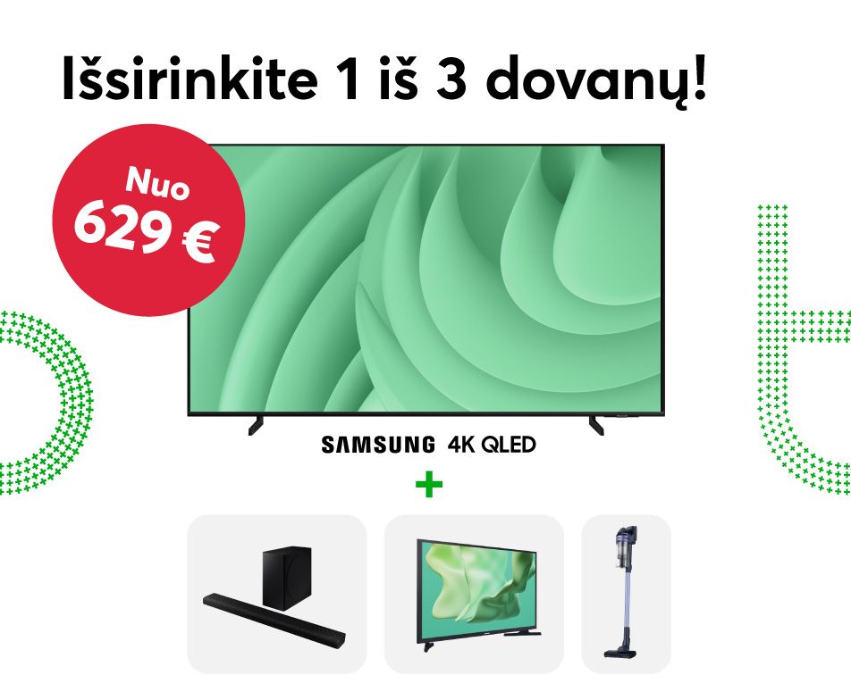 Perkant Samsung QLED televizorius rinkitės vieną iš 3 dovanų