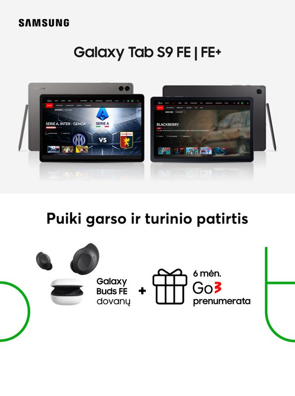 Pirkdami Samsung Galaxy Tab S9 arba S9+ gaukite ausines ir Go3 prenumeratą 6 mėnesiams dovanų