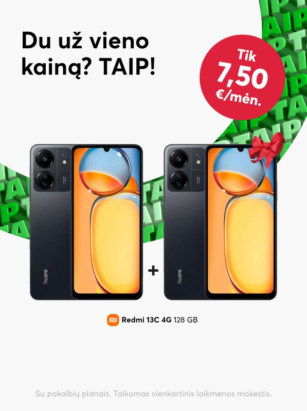 Du Xiaomi Redmi 13C telefonai už vieno kainą, vos už 7 su puse euro per mėnesį!