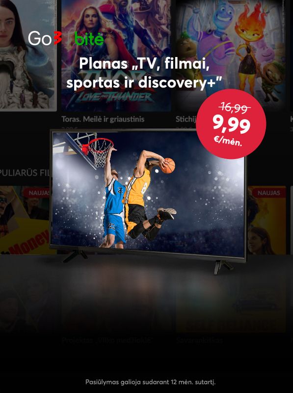 Go3 televizijos planas "TV, Filmai, Sportas ir discovery+" - vos už 9,99 eurus!