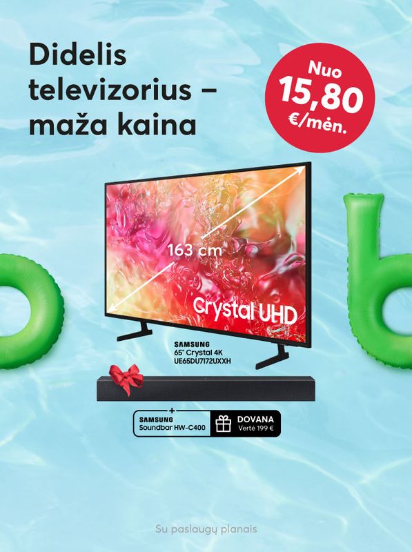 Didelis televizorius, maža kaina - 65 colių įstrižainė už vos 15,80 eurų per mėnesį