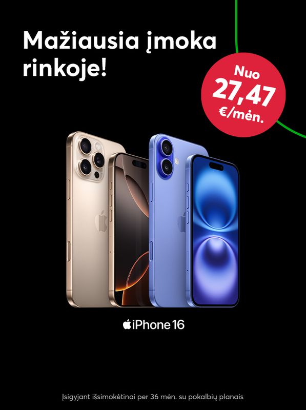 Mažiausia iPhone 16 įmoka rinkoje - vos 27,47 eur. per mėnesį!