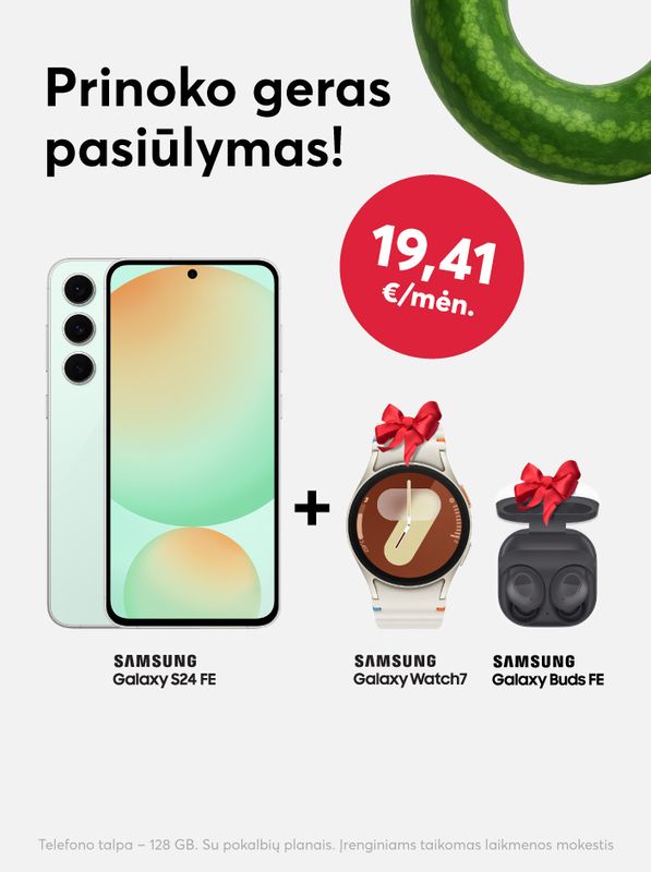 Perkant Samsung Galaxy S24 FE telefoną, dovanų gaunate laikrodį ir ausines