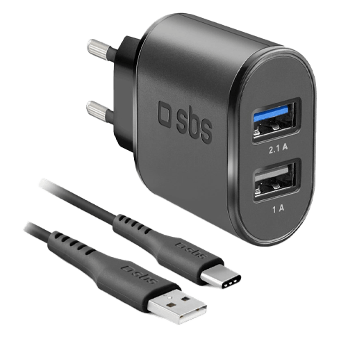 SBS Travel Charger 2xUSB 2.1 A Type-C Cable Melns 1 img.