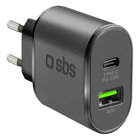 SBS Travel Charger USB Type-C PD 25 W + USB AFC Melns 1 img.