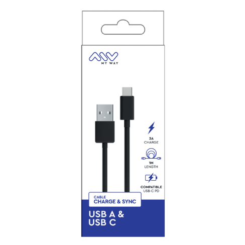 My Way USB-A to USB-C Cable 3A 1 m Melns 1 img.