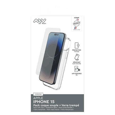 My Way Apple iPhone 15 aizsargvāciņš (Pack Soft Cover) + aizsargstikliņš (2D Screen Glass) Caurspīdīgs 2 img.