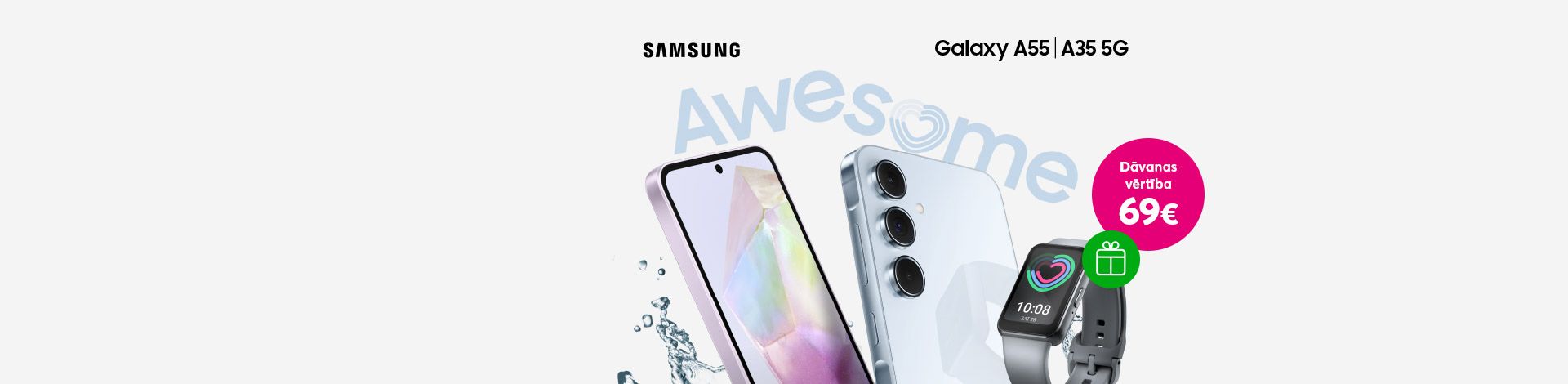 Iegādājies jaunāko Samsung Galaxy A sērijas viedtālruni un saņem dāvanā Galaxy Fit3 viedpulksteni!