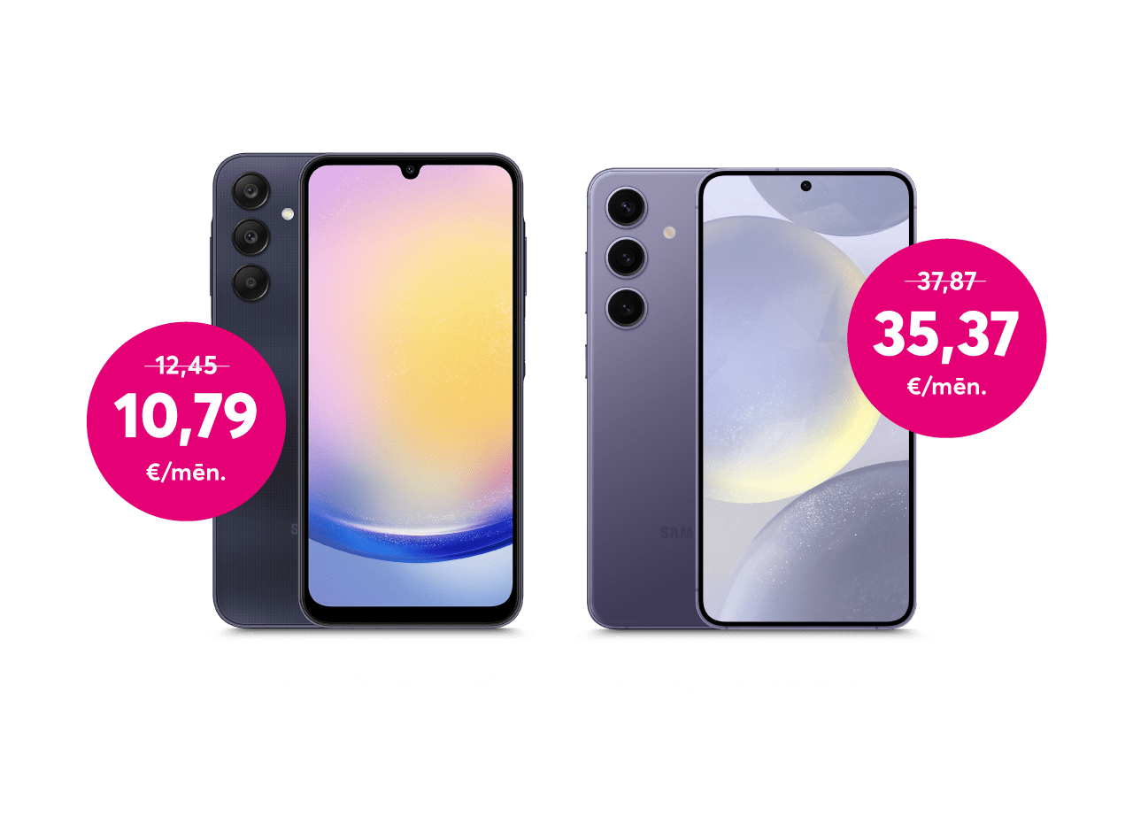 Jaunais Samsung Galaxy A25 128 GB telefons tikai par 10,79 eiro mēnesī un biznesa klases Samsung Galaxy S24 128 GB par 35,47 eiro mēnesī