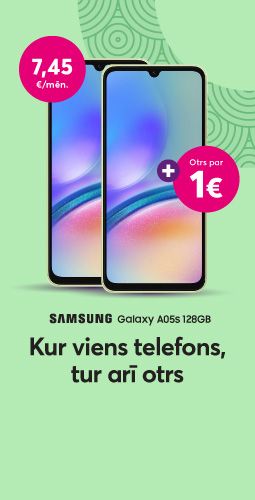 Iegādājies vienu Samsung Galaxy A05s 128 gigabaitu telefonu tikai par 7,45 eiro mēnesī un otru tādu pašu saņem tikai par 1 eiro ‌