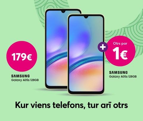 Iegādājies vienu Samsung Galaxy A05s 128 gigabaitu telefonu tikai par 7,45 eiro mēnesī un otru tādu pašu saņem tikai par 1 eiro