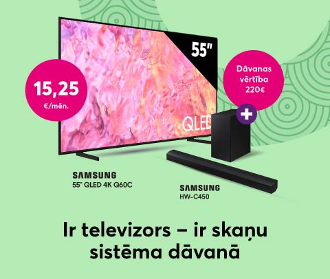 Pērc Samsung 55 collu QLED televizoru par 15,25 eiro mēnesī un dāvanā saņem Samsung skaņas sistēmu 220 eiro vērtībā ‌