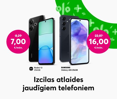 Iegādājies Xiaomi Redmi 13 256 GB par 7,00 eiro mēnesī līdzšinējo 8,29 eiro mēnesī vietā vai Samsung Galaxy A55 256 GB par 16,00 eiro mēnesī līdzšinējo 22,87 eiro mēnesī vietā