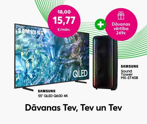 Pērc Samsung 55’’ QLED 4K Q60D 4K televizoru par 15,77 eiro mēnesī līdzšinējo 18,00 eiro mēnesī vietā un dāvanā saņem Samsung Sound Tower MK-ST40B skaļruni 269 eiro vērtībā