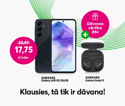 Pērc Samsung Galaxy A55 5G 256 GB par 17,75 eiro mēnesī līdzšinējo 22,87 eiro mēnesī vietā un dāvanā saņem Samsung Galaxy Buds FE austiņas 89 eiro vērtībā