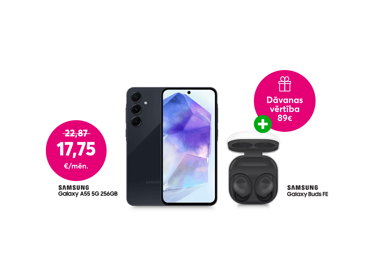 Pērc Samsung Galaxy A55 5G 256 GB par 17,75 eiro mēnesī līdzšinējo 22,87 eiro mēnesī vietā un dāvanā saņem Samsung Galaxy Buds FE austiņas 89 eiro vērtībā