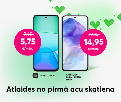 Pērc Xiaomi Redmi 13 telefonu par 5,75 eiro mēnesī līdzšinējo 7,45 eiro vietā vai Samsung Galaxy A55 par 14,95 eiro mēnesī līdzšinējo 19,95 eiro vietā