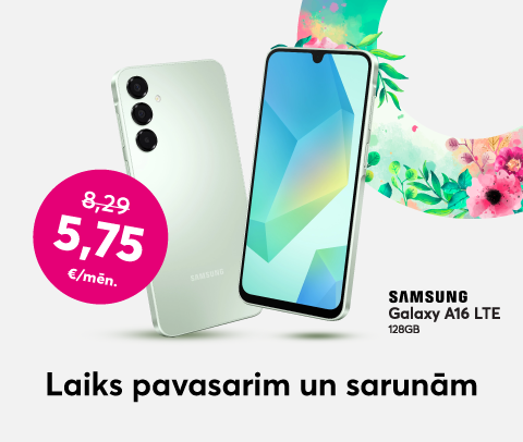 Pērc Samsung Galaxy A16 telefonu par 5,75 eiro mēnesī līdzšinējo 8,39 eiro vietā