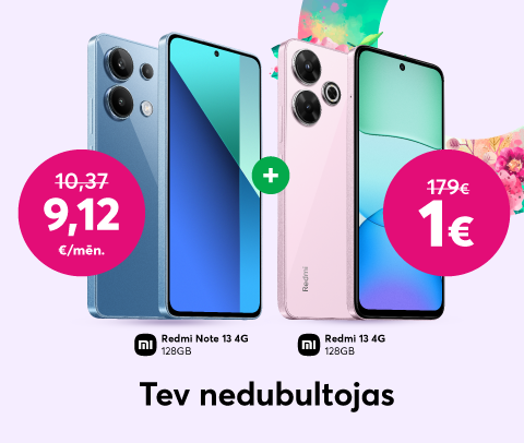 Pērc Xiaomi Redmi Note 13 128GB tikai par 9,12 eiro mēnesī līdzšinējo 10,37 eiro vietā un saņem Xiaomi Redmi 13 128GB tikai par 1 eiro