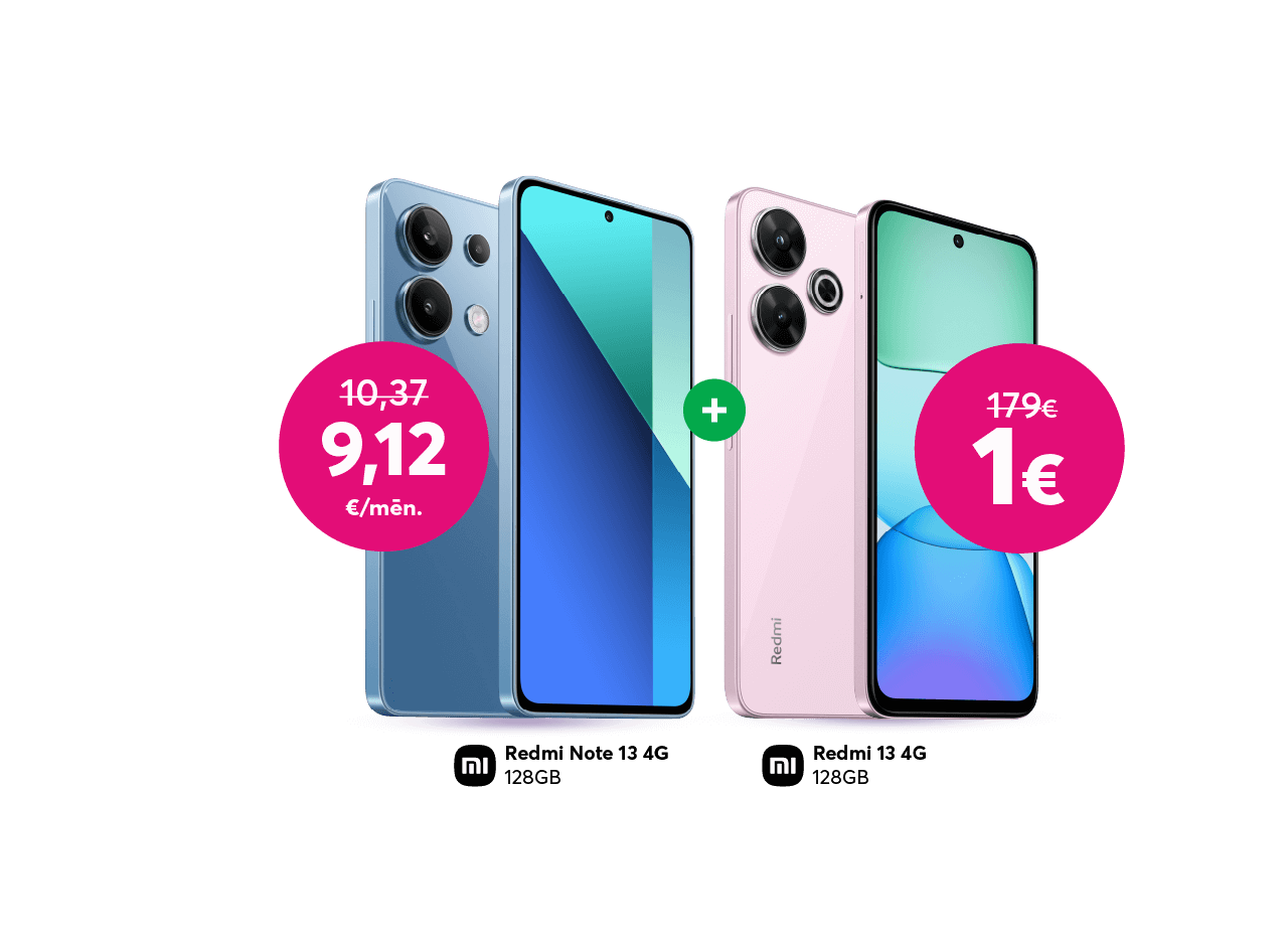 Pērc Xiaomi Redmi Note 13 128GB tikai par 9,12 eiro mēnesī līdzšinējo 10,37 eiro vietā un saņem Xiaomi Redmi 13 128GB tikai par 1 eiro