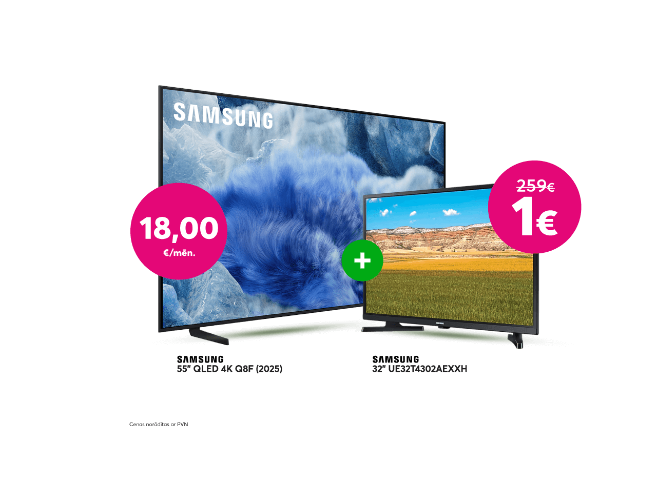 Pērc Samsung 55 collu QLED 4K televizoru par 18,00 eiro mēnesī un saņem Samsung 32 collu televizoru par 1 eiro