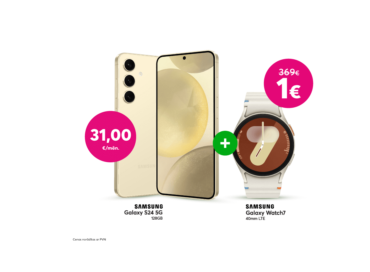 Pērc Samsung Galaxy S24 telefonu par 31 eiro mēnesī un saņem Samsung Galaxy Watch 7 par 1 eiro