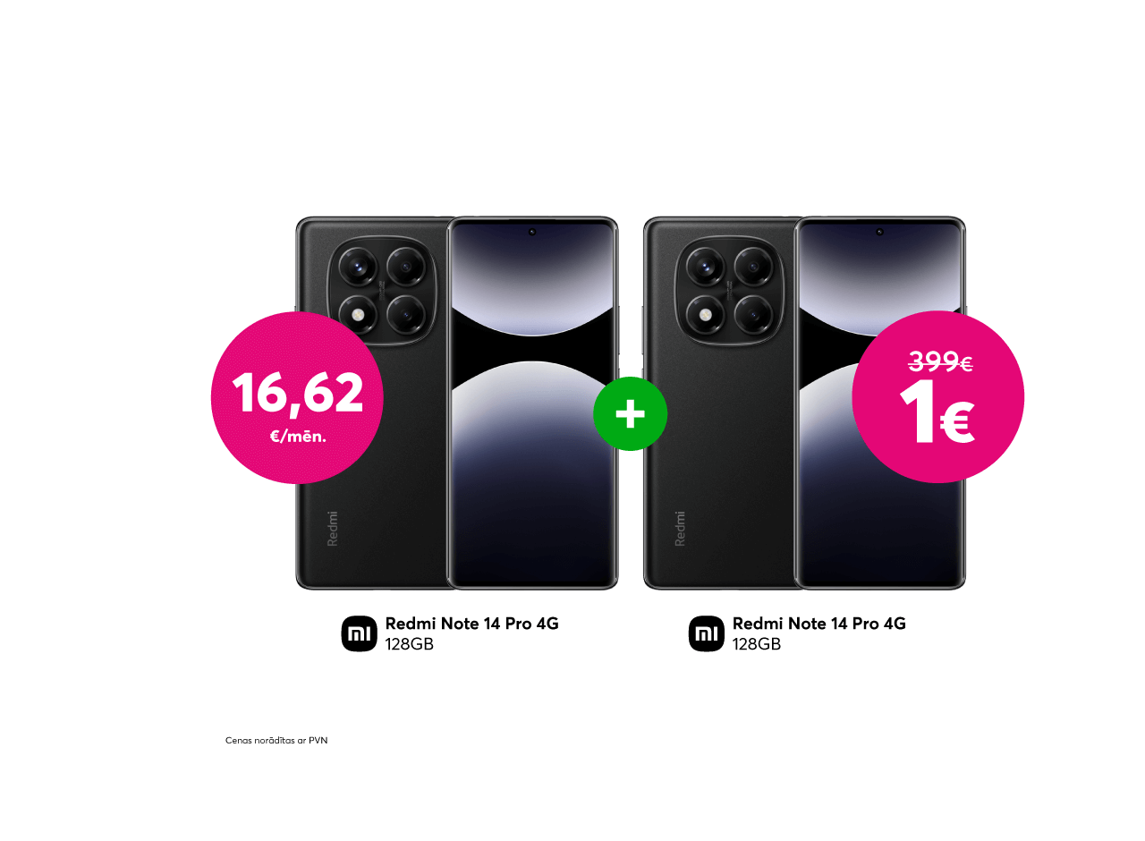 Pērc telefonu Xiaomi Redmi 14 Note Pro 128GB tikai par 16,62 eiro mēnesī un saņem otru tādu pašu telefonu tikai par 1 eiro, iepriekšējo 399 eiro vietā.