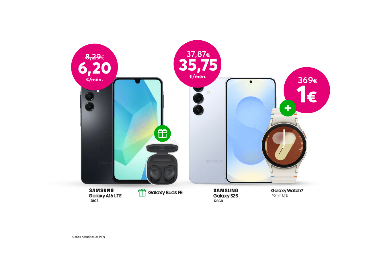 Pērc telefonu Samsung Galaxy A16 5G 128GB par 6,20 eiro mēnesī, iepriekšējo 8,29 eiro vietā un saņem dāvanā Samsung Buds FE austiņas, vai izvēlies Samsung Galaxy S25 telefonu par 35,75 eiro mēnesī, iepriekšējo 37,87 eiro vietā un saņem Samsung Watch 7 par 1 eiro