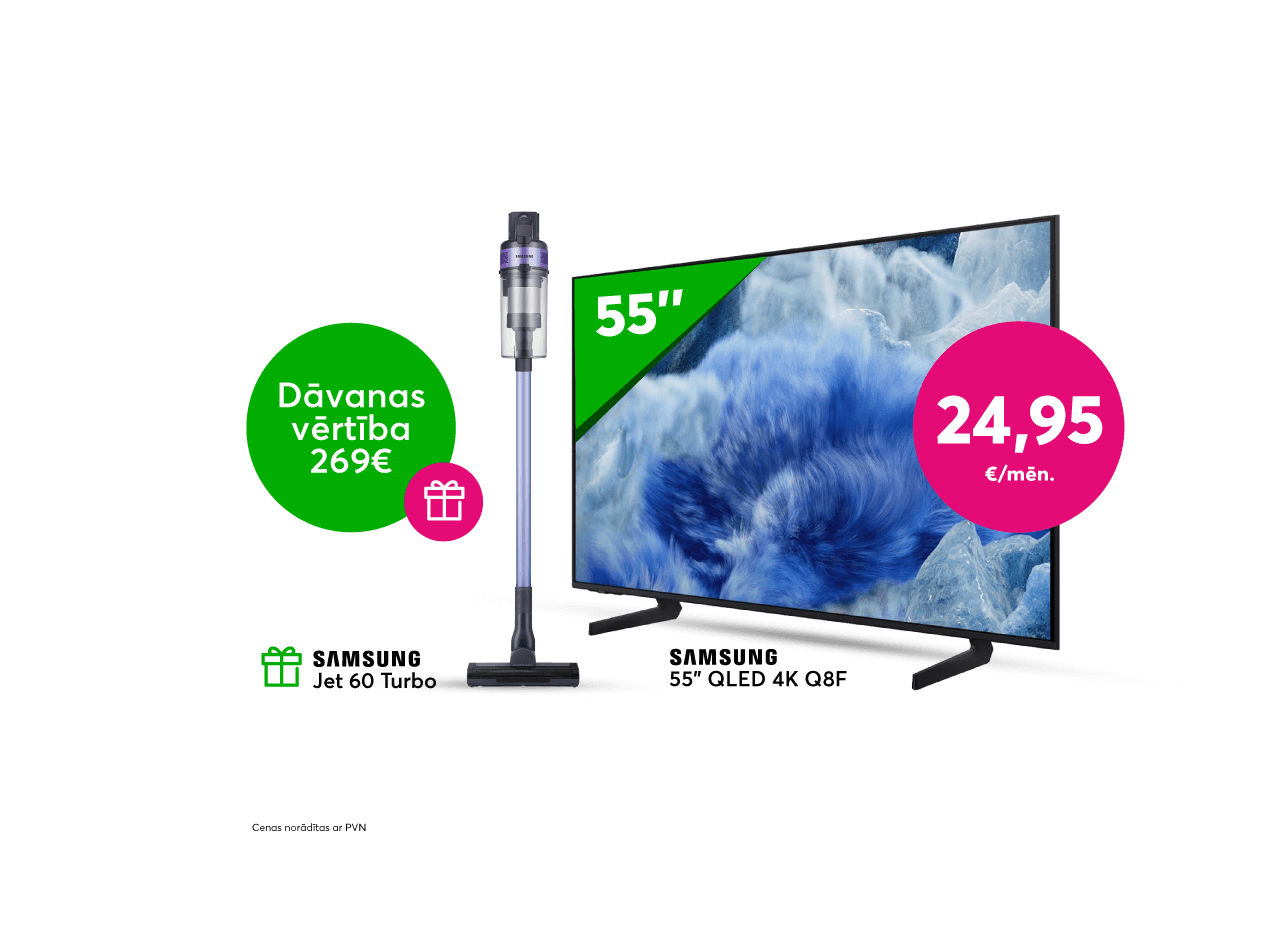 Pērc Samsung 55 collu QLED 4K televizoru par 24,95 eiro mēnesī un saņem Samsung Jet 60 Turbo rokas putekļusūcēju dāvanā