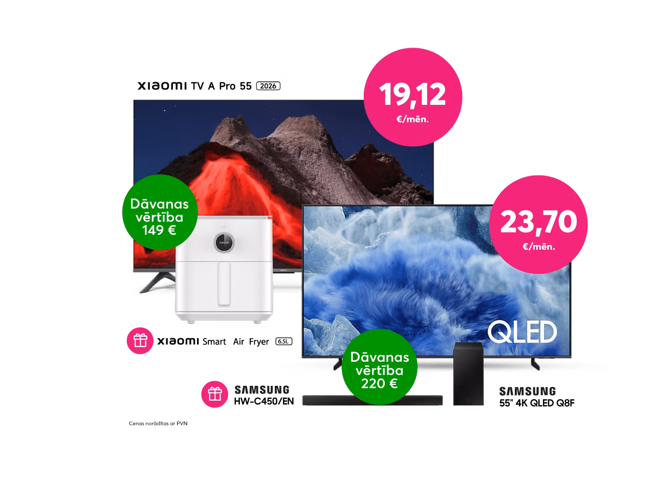 Sulīgi piedāvājumi! Pērc Xiaomi televizoru par 459 eiro un saņem dāvanā Xiaomi Airfryer 149 eiro vērtībā. Pērc Samsung 55 collu 4K QLED televizoru par 569 eiro un saņem dāvanā Samsung skaļruni W-C450/EN 220 eiro vērtībā. 