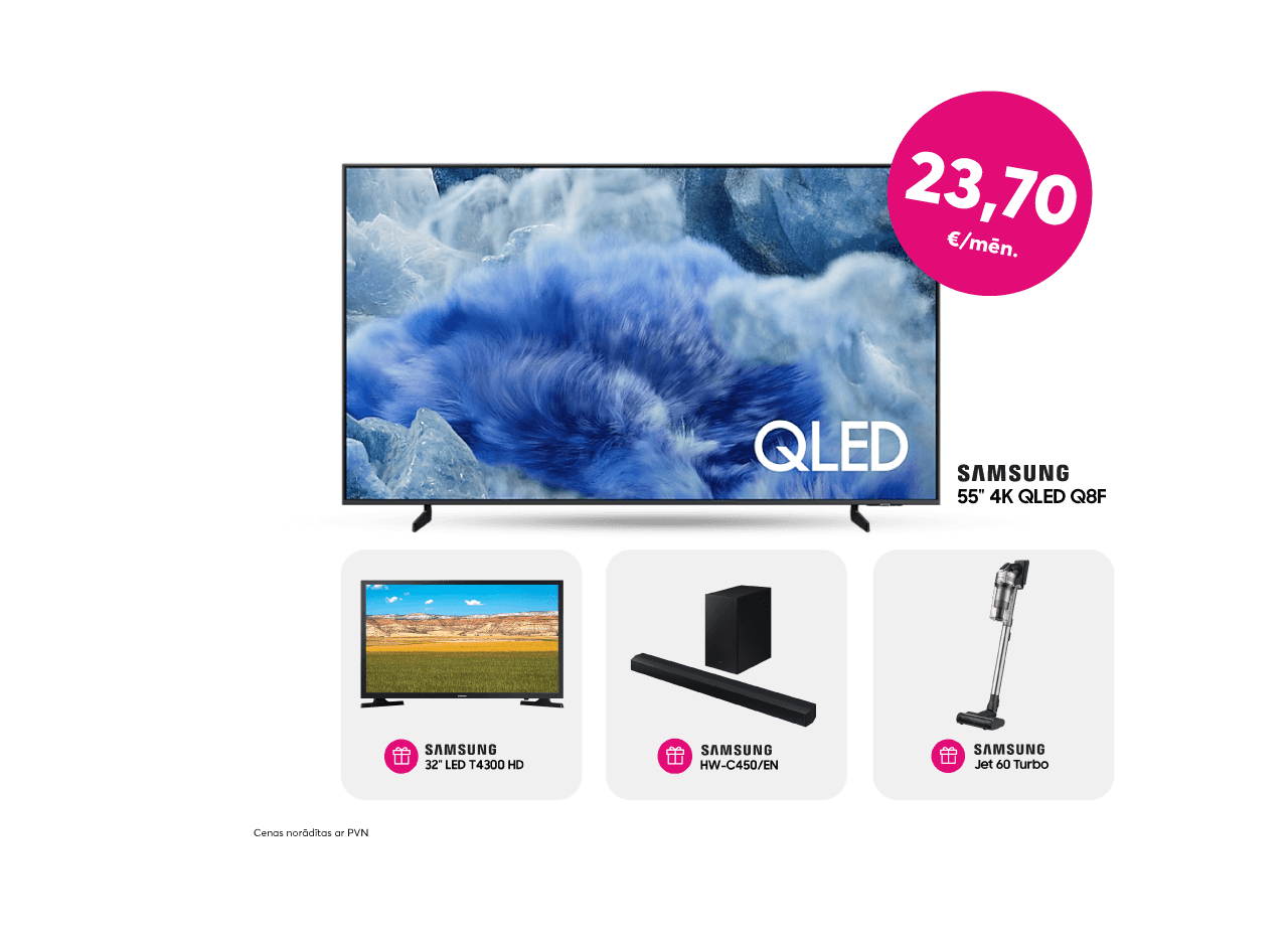 Iegādājoties Samsung 55 collas 4K QLED televizoru par 599 eiro, izvēlies savu dāvanā Samsung 32 collas LED T4300 HD teleizoru, vai Samsung HW-C450/EN skaņas sistēmu, vai rokas putekļusūcēju Samsung Jet 60 Turbo.