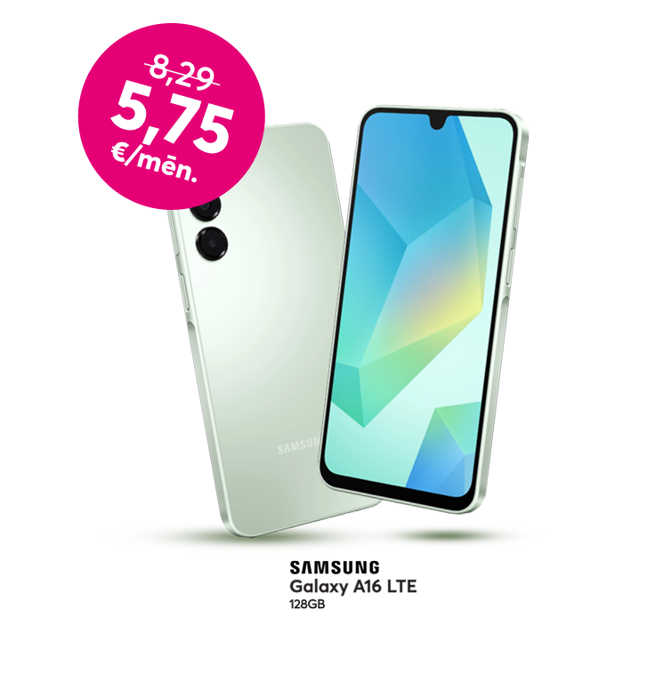 Pērc Samsung Galaxy A16 telefonu par 5,75 eiro mēnesī līdzšinējo 8,39 eiro vietā