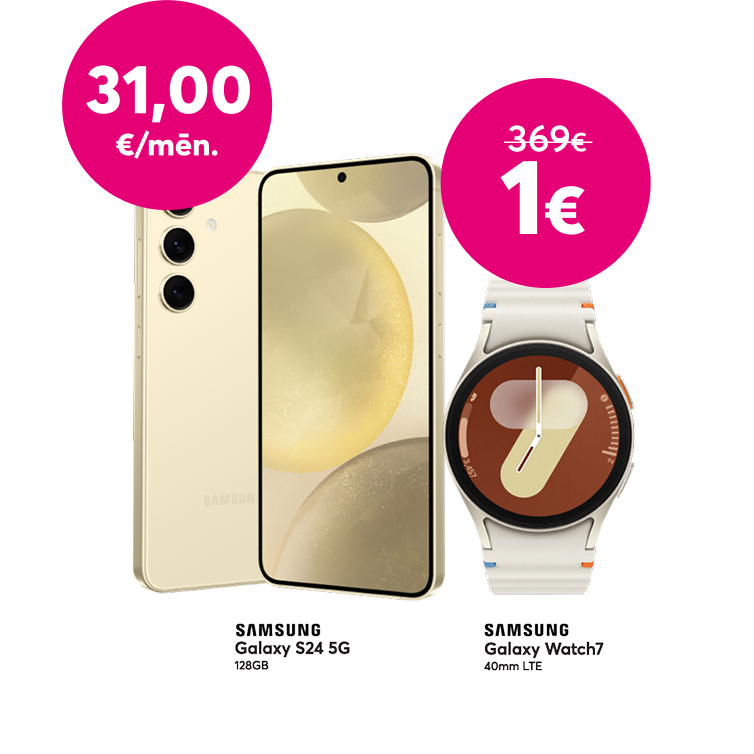 Pērc Samsung Galaxy S24 telefonu par 31 eiro mēnesī un saņem Samsung Galaxy Watch 7 par 1 eiro, iepriekšējo 369 eiro vietā