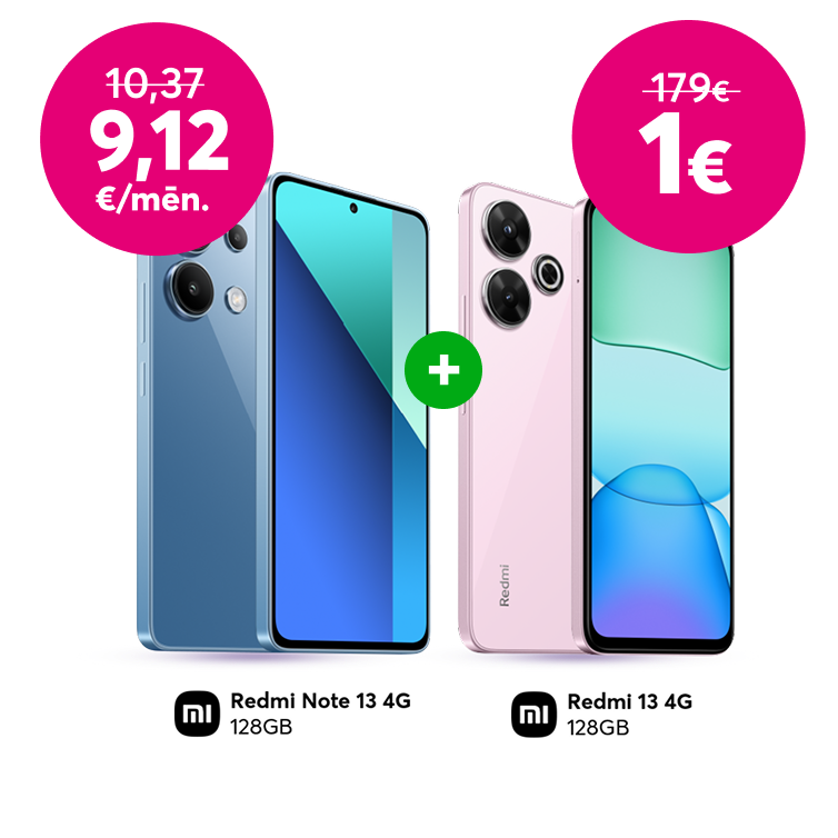 Pērc Xiaomi Redmi Note 13 128GB tikai par 9,12 eiro mēnesī līdzšinējo 10,37 eiro vietā un saņem Xiaomi Redmi 13 128GB tikai par 1 eiro