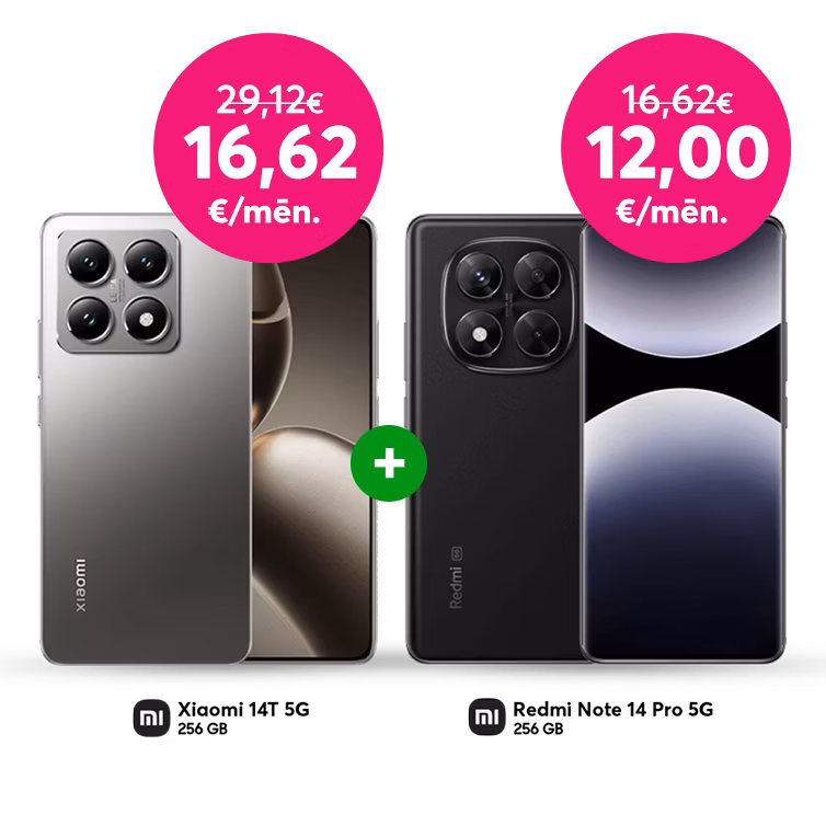 Reklāmas baneris ar ziņu: Pērc telefonu Xiaomi 14T 5G 256 GB par 399 eiro, iepriekšējo 699 eiro vietā. Pērc Redmi Note 14 Pro 5G telefonu par 288 eiro, iepriekšējo 399 eiro vietā