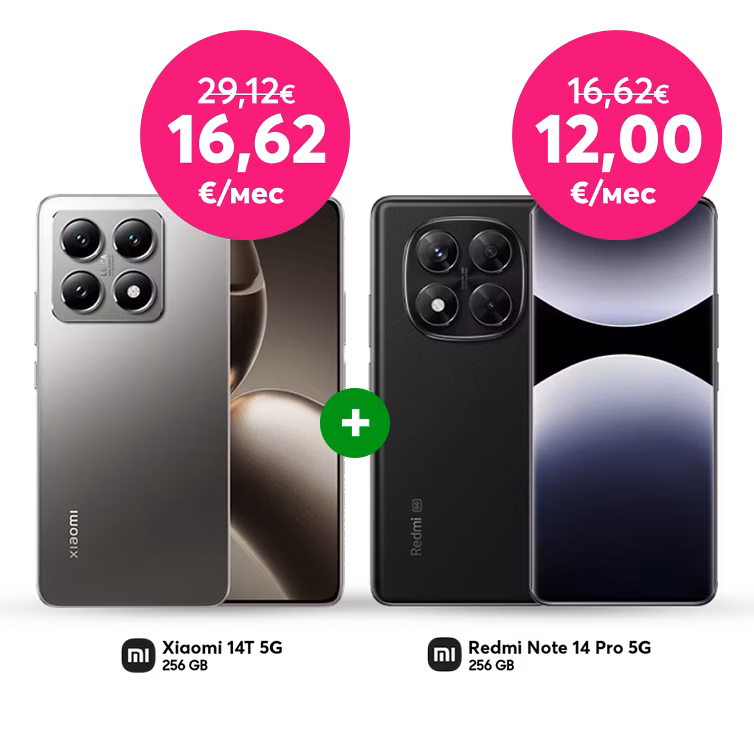 Рекламный баннер с сообщением: Купи телефон Xiaomi 14T 5G 256 GB за 399 евро вместо 699 евро. Купите телефон Redmi Note 14 Pro 5G за 288 евро вместо 399 евро