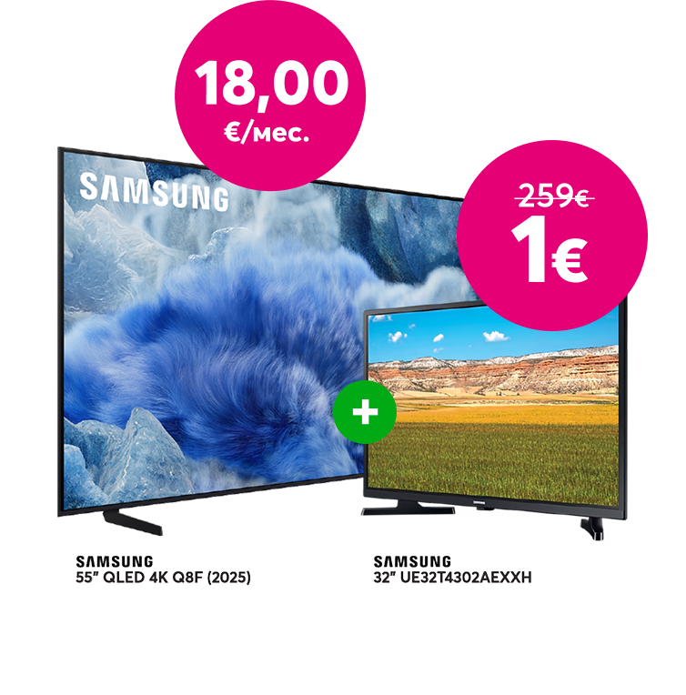 Купи телевизор Samsung QLED 4K 55’’ всего за 18,00 евро в месяц и получи телевизор Samsung 32’’ всего за 1 евро вместо прежних 259 евро