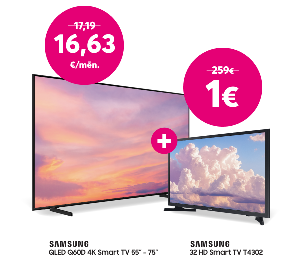 Iegādājies Samsung QLED Smart TV par 16,63 eiro mēnesī līdzšinējo 17,19 eiro vietā un par 1 eiro saņem Samsung 32” Smart TV