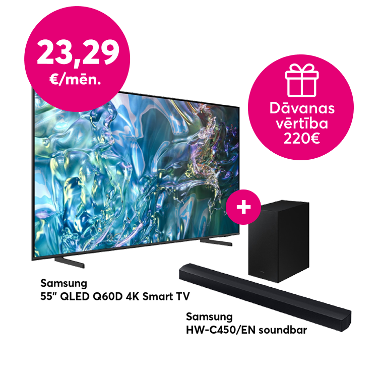 Pērc Samsung 55 collu QLED Q60D 4K Smart TV par 23, 29 eiro mēnesī un saņem dāvanā Samsung skaņu sistēmu, 220 eiro vērtībā