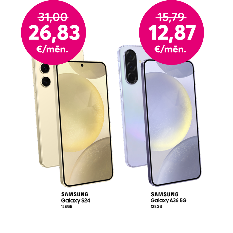 Pērc Samsung Galaxy 24 par 26,83 eiro mēnesī, iepriekšējo 31,00 eiro vietā vai izvēlies Samsung Galaxy A36 par 12,87 eiro mēnesī, iepriekšējo 15,79 eiro vietā