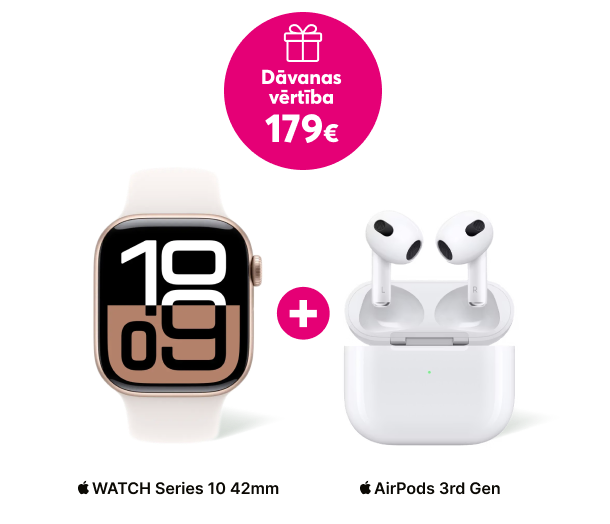 Pērc Apple Watch 10 sērijas pulksteni un dāvanā saņem AirPods 3 paaudzes austiņas 179 eiro vērtībā