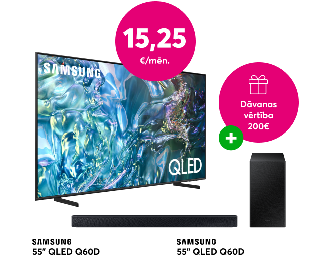 Pērc Samsung QLED 55 collu televizoru par 15,25 eiro mēnesī un saņem davanā Samsung skaņu sistēmu 220 eiro vērtībā