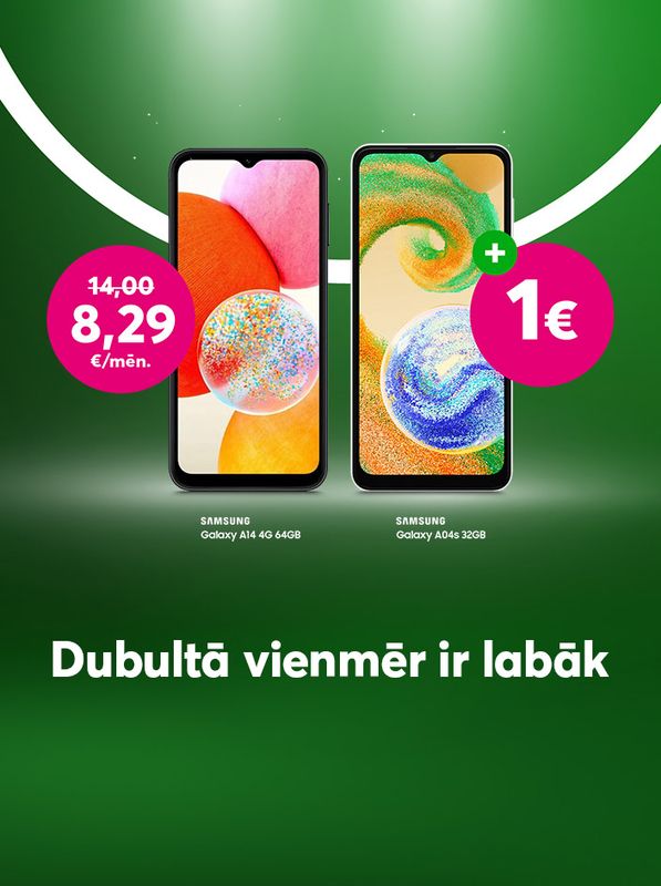 Samsung Galaxy A14 par 8,29 EUR/mēn. un komplektā Galaxy A04s par 1 EUR