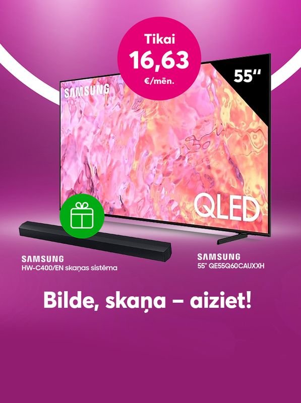 Samsung 55 collu QLED TV par 16,63 EUR/mēn. ar Samsung skaņas sistēmu dāvanā