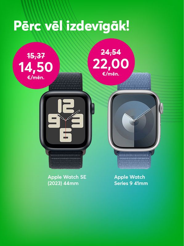 Pērc Apple Watch vēl izdevīgāk! Pērkot nomaksā Apple Watch SE 2023 44 mm, līdzšinējo 15,37 eiro vietā tagad maksā tikai 14,50 eiro mēnesī, bet, pērkot Apple Watch Series 9 41 mm, 24,54 eiro vietā maksā 22 eiro mēnesī