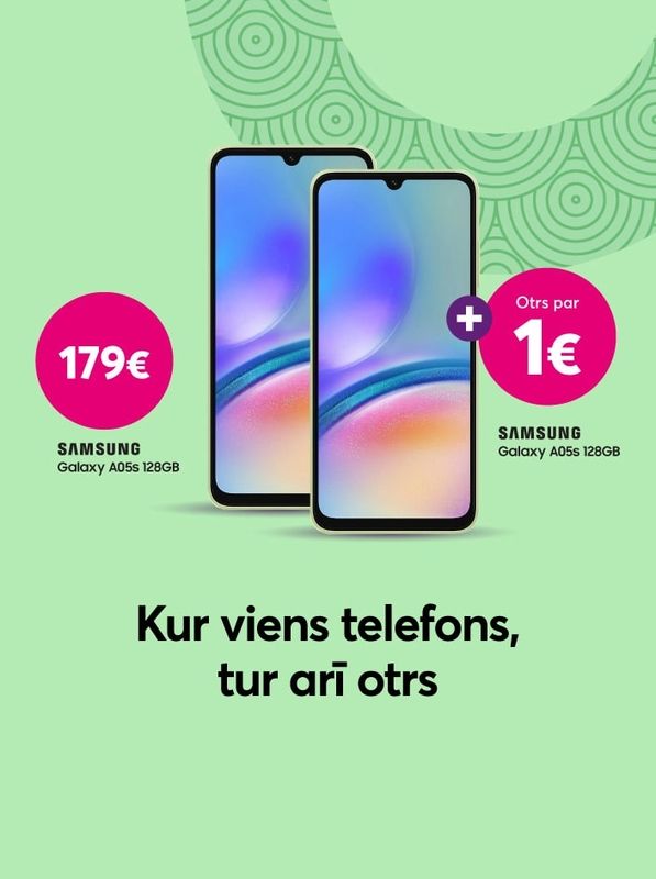 Iegādājies vienu Samsung Galaxy A05s 128 gigabaitu telefonu tikai par 7,45 eiro mēnesī un otru tādu pašu saņem tikai par 1 eiro